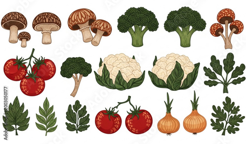 Hand drawn folk style vegetable vector set for grocery store branding