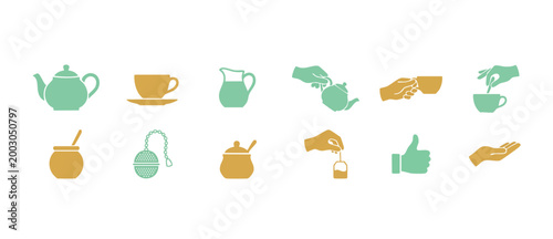 Tea time icon set, tea accessories and human hand gestures for coffee shop, cafe, restaurant design and breakfast menu, flat vector illustrations in minimalist pastel green and gold color palette.