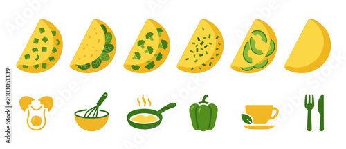 Omelet vegetable ingredients set collection, flat vector icons of healthy breakfast food, various omelettes with bell pepper spinach broccoli chives and avocado, cooking utensils for culinary design