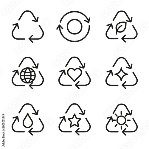 Diverse recycling icons featuring symbols for eco awareness