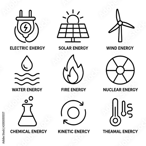 Renewable and non-renewable energy icons: solar, wind, fire, nuclear, chemical