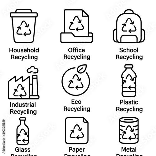 Recycling symbols for various eco-friendly practices: office, school, and more