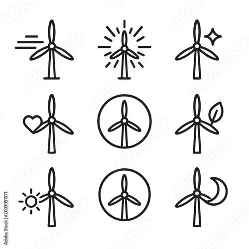 Variety of wind turbine icons with eco-friendly themes