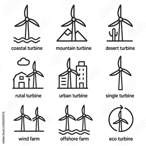Renewable energy icons: coastal, mountain, and urban wind turbines
