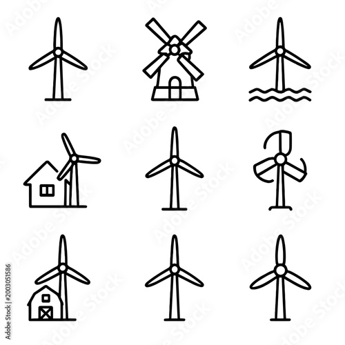 Wind and water energy icons: turbine and windmill line art set