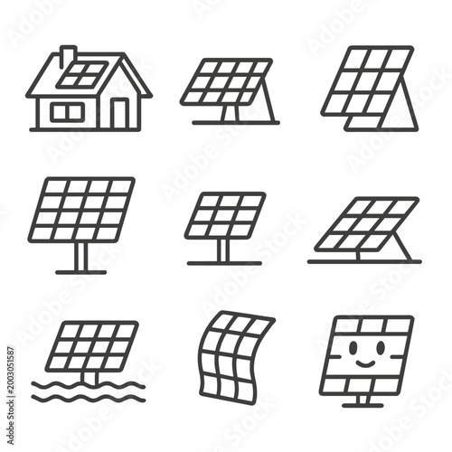 Solar energy icons: diverse solar panel designs and eco-friendly home