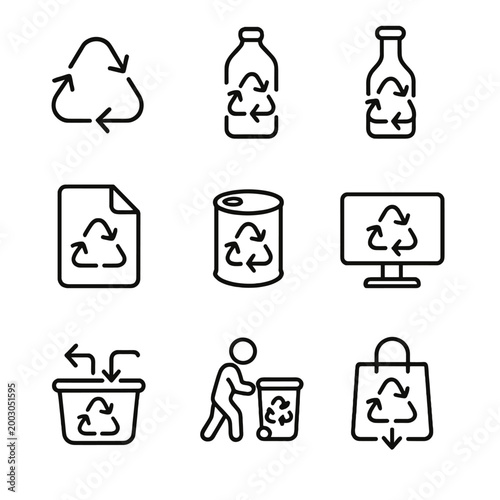 Recycling icons set representing sustainable practices and environmental awareness