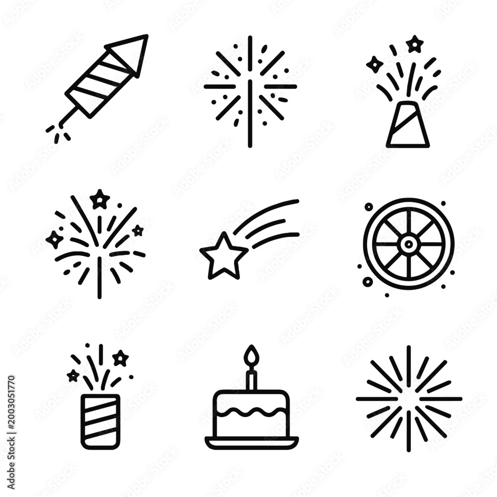 Fototapeta premium Festive fireworks and celebrations icons on a gray background