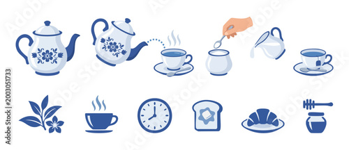 Tea time set porcelain teapot and cup icons, blue and white ceramic dinnerware, breakfast elements including milk pouring, clock, croissant and honey dipper for cafe menu design or blog illustration