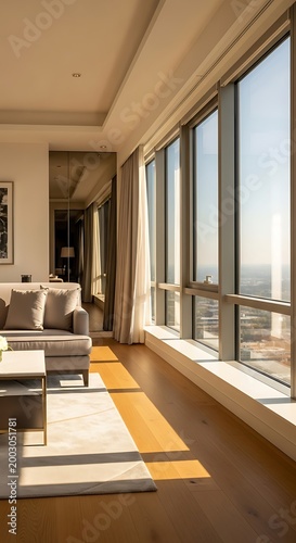 Modern luxury apartment living room with large windows offering panoramic city views and natural light streaming in