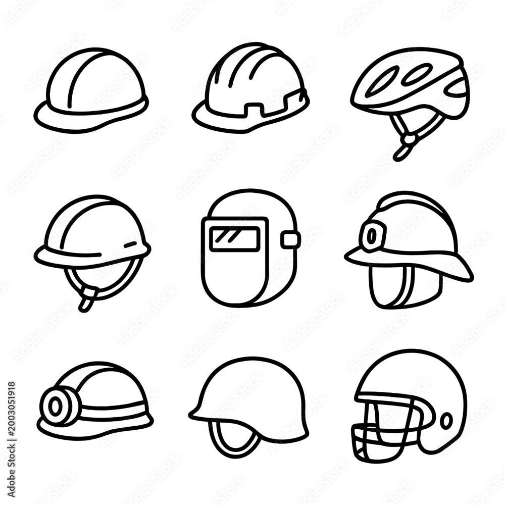 Fototapeta premium Various helmet icons illustrating safety and protection in different professions