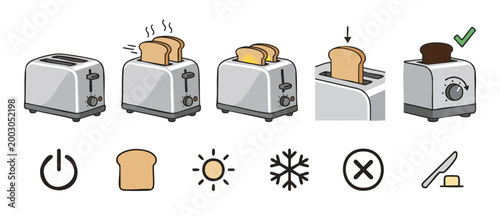 Toaster step by step instruction guide with bread slices and settings icons for kitchen appliances, vector illustration set showing how to toast bread correctly for breakfast cooking process tutorial.