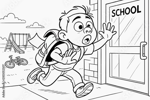 Children's coloring page - a late student runs into school