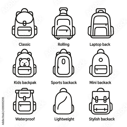 Various backpack styles: classic, rolling, kids, sports, mini, waterproof, lightweight