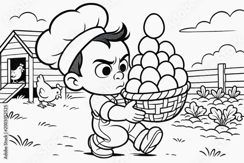 Children's coloring page - a little farmer-cook carefully carries a basket of eggs on a farm