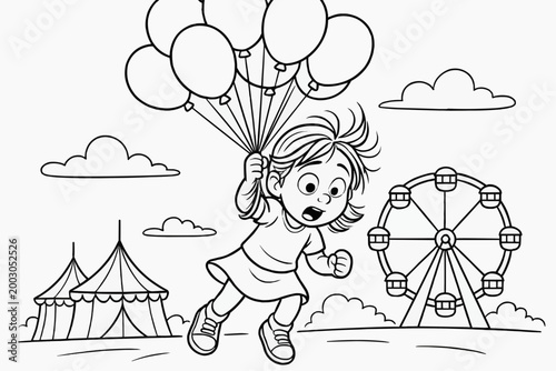 Children's coloring page - a girl with balloons, flying happily over the park