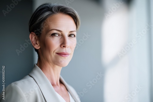 Confident mature business woman executive smiling at camera in office, professional female manager entrepreneur leader portrait for corporate branding and business profile use