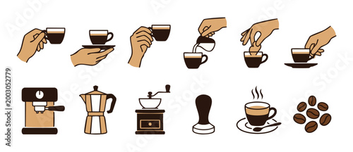 Coffee icon set with espresso cups and brewing equipment, minimalist flat vector illustration of hands holding cups, barista tools, coffee machine, grinder and beans for café menu or branding design