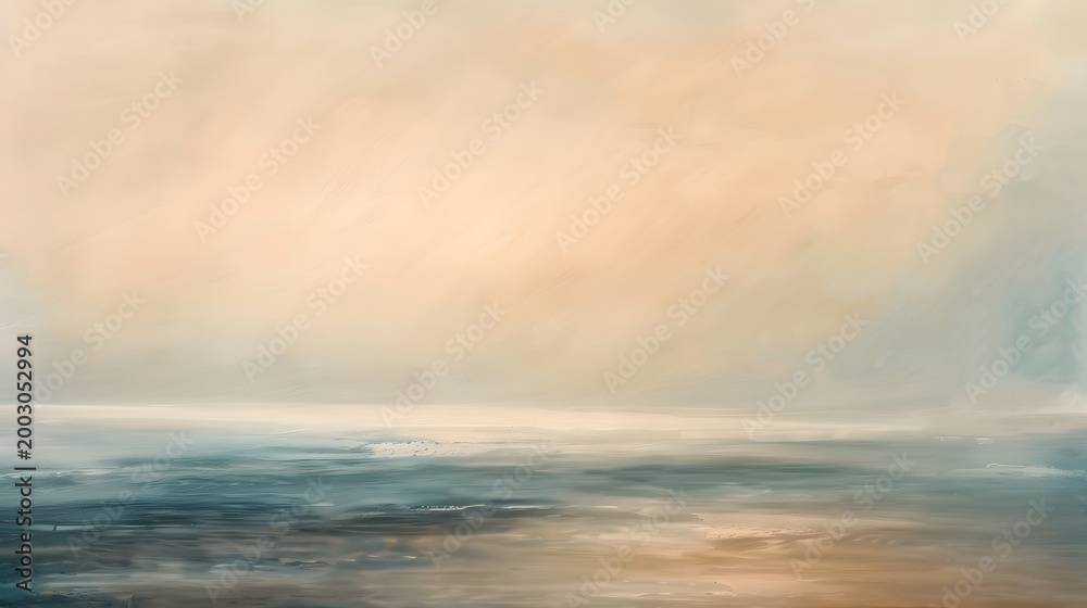 Naklejka premium Soft brushstrokes create an ethereal landscape featuring a horizon line between a hazy sky and a calm water surface.