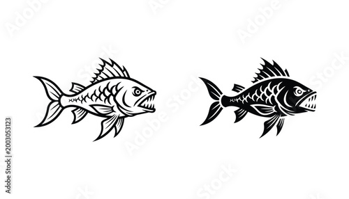 Aggressive predatory fish with sharp teeth vector illustration set featuring line art and solid black silhouette for fishing industry branding and aquatic wildlife graphics