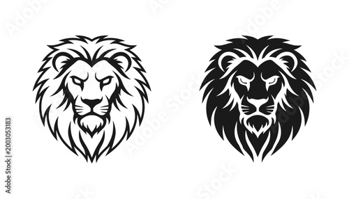 Majestic lion head mascot logo set featuring detailed outline and solid black silhouette styles for sports team branding or professional graphic design projects