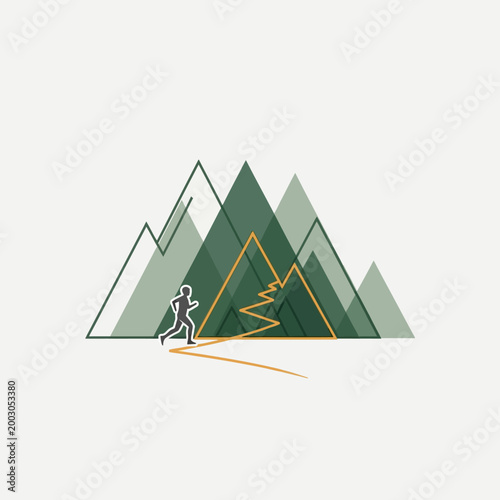 Hiker climbing mountain range landscape graphic.