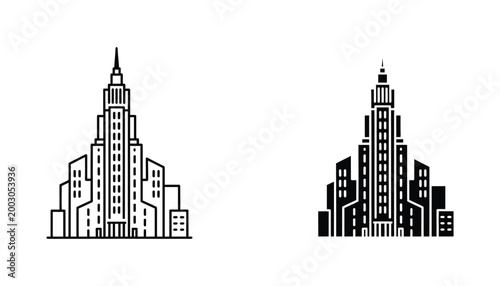 Tall skyscraper building architecture icons in clean line art and solid black silhouette for city planning and real estate development branding