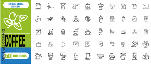 Coffee Icon Set – Outline Collection with Mug, Cup, Machine & Beans | Editable Stroke Vector