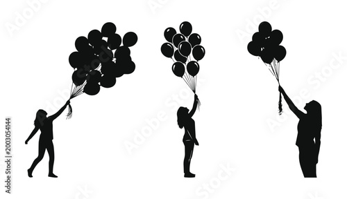 Minimalist black person letting go of balloons silhouette vector icon set