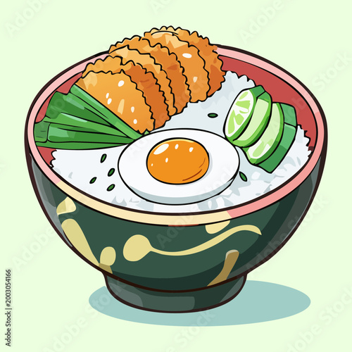 Canvastavla Traditional rice bowl topped with fried meat and fresh vegetables for a hearty m
