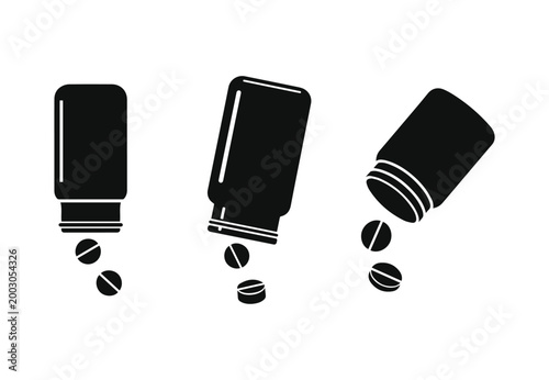 Minimalist black set of medicine bottles with pills falling out silhouette vector icon