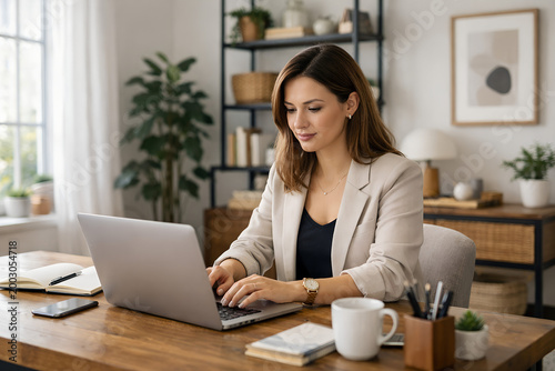 Free Download Young professional woman working on laptop in stylish home office, natural light, productivity, remote work lifestyle, realistic stock photo - GFXLoad
