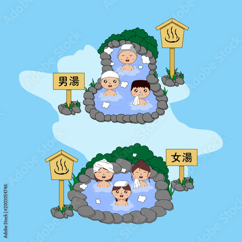 Illustrations of a traditional Japanese hot spring, known as an onsen, separated into distinct baths for men and women. Kanji 男湯 (Otokoyu): men's bath, 女湯 (Onnayu): women's bath.
