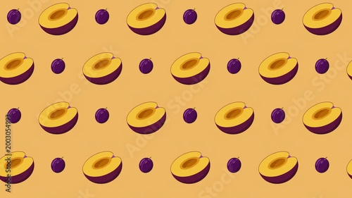 Purple Plum and Half-Cut Fruit Seamless Pattern Background, organic food and harvest concept.