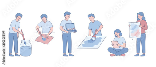 People Painting and Drawing Set, Artists Using Watercolors and Brushes, Creative Hobby Activities, Artistic Process Illustration, Flat Vector Character Design for Design Projects and Educational Conce