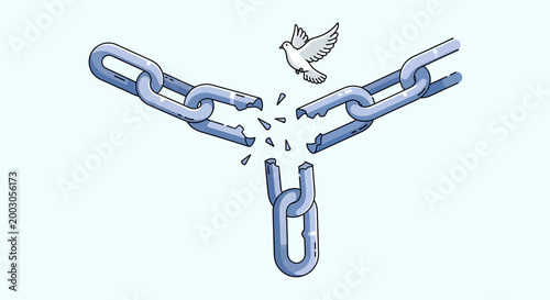 Breaking free chain link with dove flying.