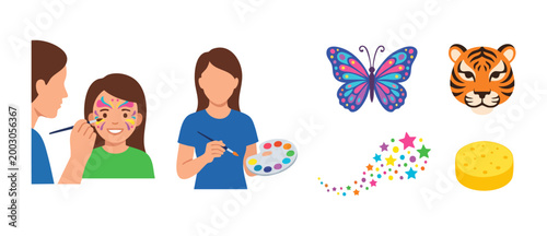 Bild auf Leinwand Face painting kids activity set with butterfly and tiger design