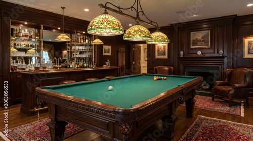 Luxury billiard room with pool table and bar