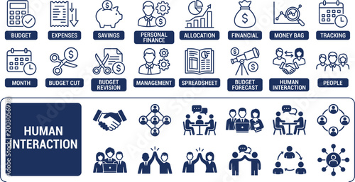 Business and finance icon set including budget planning, expenses, human interaction, management, financial tracking, savings, and corporate team collaboration symbols.