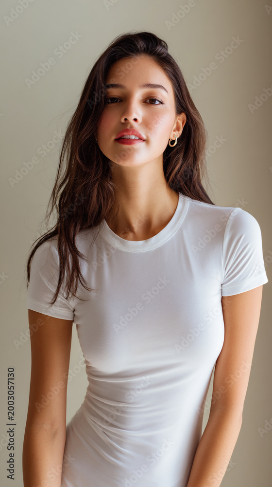 Fototapeta premium egyptian female model in fitted white tshirt minimalist studio portrait, modern casual fashion portrait of egyptian woman in plain white tee, beautiful egyptian model wearing simple white cotton shirt