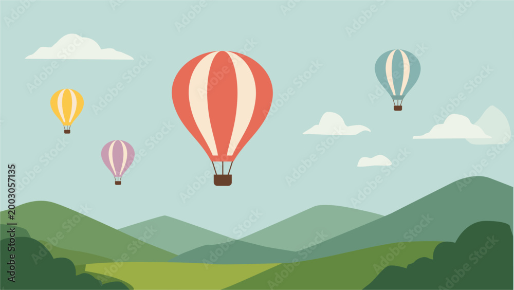 Obraz premium Colorful hot air balloons floating over green mountains