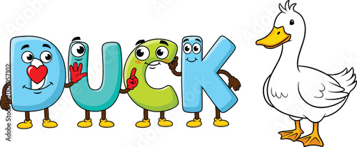 Cartoon Cute Duck and Colorful DUCK Letters with Smiling Faces, Kawaii Animal Design for Kids