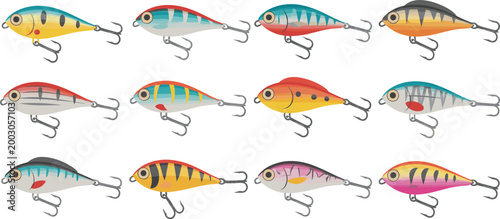 Fishing lure collection vector illustration, colorful artificial bait set, detailed tackle design for angling sport, realistic fish lure icons