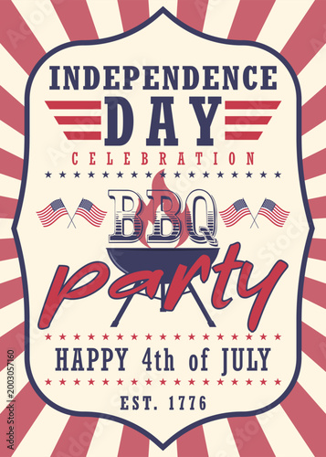 Vintage-style vector poster for Independence Day celebration featuring BBQ party with American flags, stars and stripes. Perfect for 4th of July events, invitations, banners, flyers.