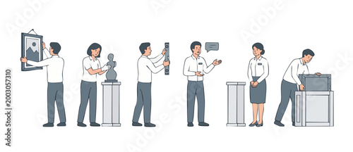 Museum staff hanging art and setting up exhibition gallery display. Professional art handlers installing paintings, sculptures, and crates in a professional curation environment, minimalist vector ill