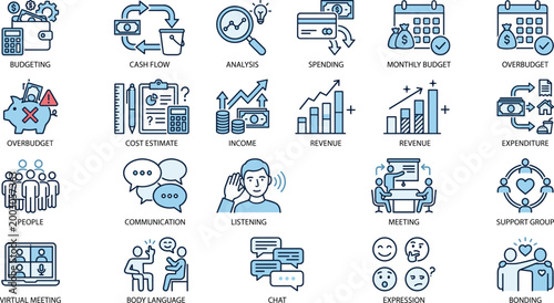 Blue, Business, Finance, Icons, Budgeting, Revenue, Income, Analysis, Communication, Meeting, People, Strategy, Management, Management, Spending, Marketing, Vector, Corporate, Digital, Professional.