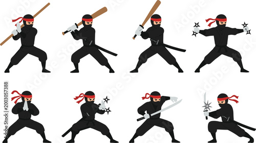 Ninja Warrior Action Vector Set Featuring Martial Arts Fighter Poses with Sword Staff Shuriken and Combat Moves for Game Design and Animation Projects.