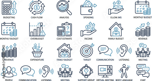 Blue, Business, Finance, Icons, Budgeting, Revenue, Income, Analysis, Communication, Meeting, People, Strategy, Management, Spending, Marketing, Vector, Corporate, Digital, Professional, Cash.