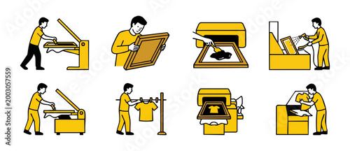 Screen Printing Process Icons Set, T-Shirt Production Steps, Vector Illustration of Professional Garment Printing Workflow, Manual Industrial Textile Manufacturing Symbols for Apparel Design Business