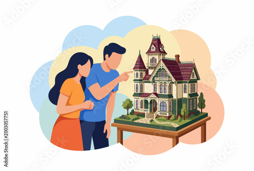 Couple discussing dream home purchase with architectural model